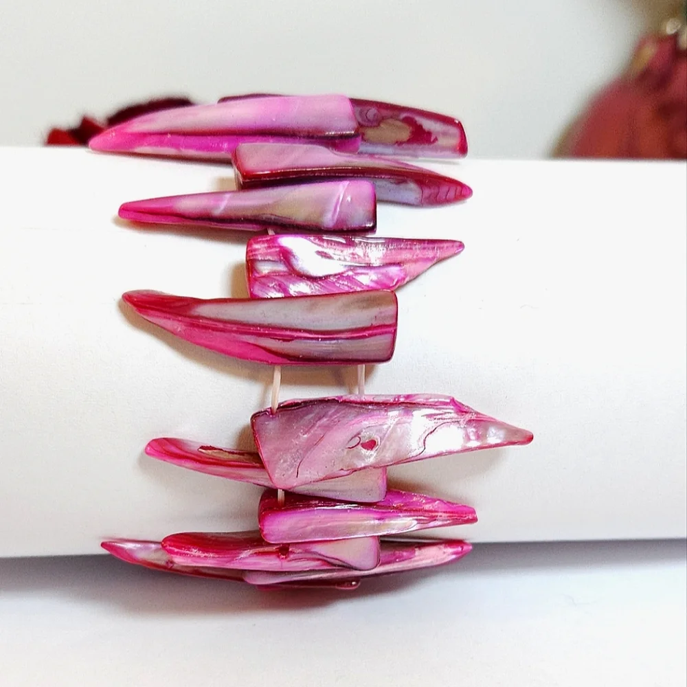 Pink Mother of Pearl Spikey Shell Stretch Bracelet HOT Pink Statement Bracelet